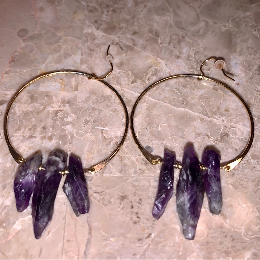 Gold Plated Amethyst Chips Hoop Earrings